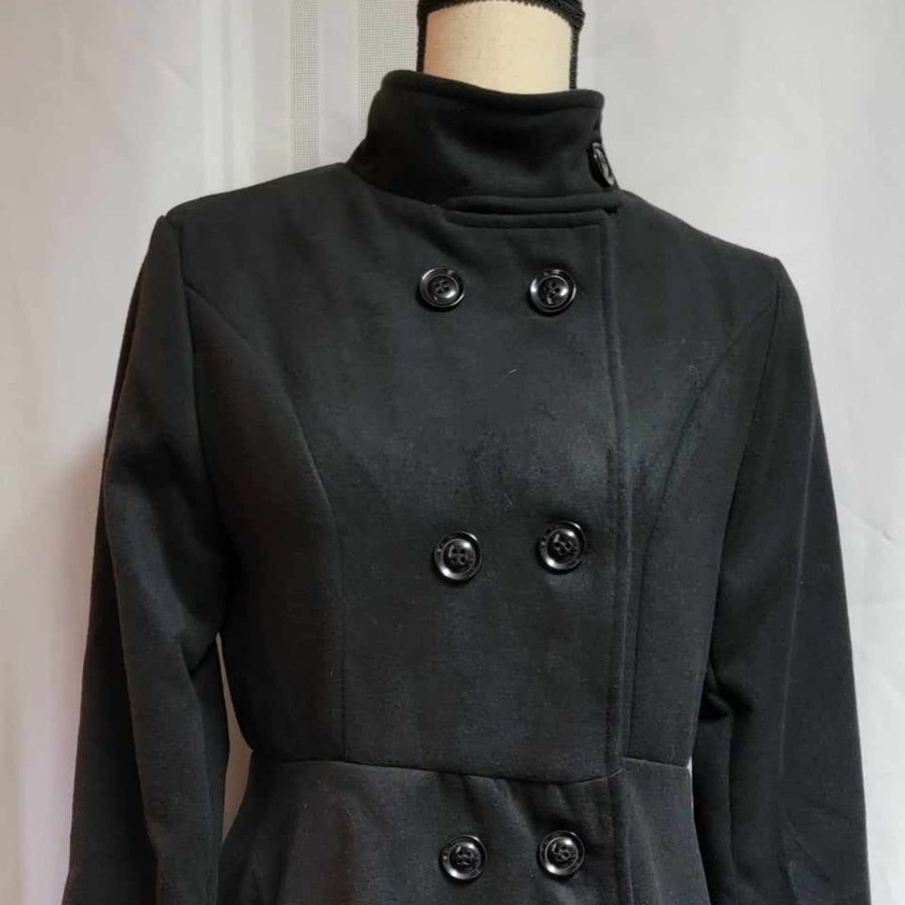 Black Swing Winter Coat, stand collar button detail buttons